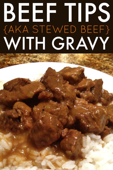 Stewed Beef (Beef Tips) with Gravy | A tried-and-true family recipe for stew beef or beef tips slow-cooked until tender with a rich gravy served over rice or noodles. #beeftips Beef Tips Onion Soup Crock Pot, Beef Tips Crock Pot Recipes Onion Soup, Stewed Meat Recipes Crock Pot, Instant Pot Stew Meat And Gravy, Recipe Using Stew Meat Lipton French Onion Soup, Beef Noodles Slow Cooker, Meal Ideas With Stew Meat, Stew Meat With Gravy, Beef Tips With Lipton Onion Soup