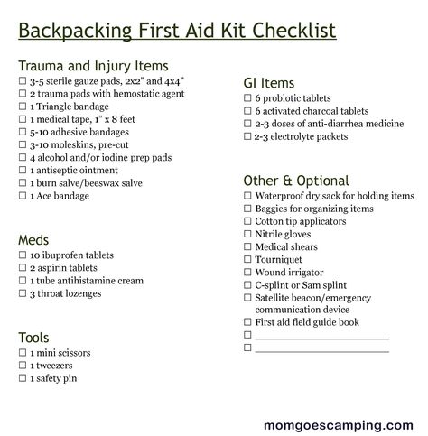 The link has detailed descriptions of what each item in this lightweight backpacking first aid kit checklist is used for, plus a printable PDF. Backpack First Aid Kit, Camping First Aid Kit Checklist, Hiking First Aid Kit Checklist, Backpacking First Aid Kit, Emergency Bags, Hiking First Aid Kit, First Aid Kit Checklist, Backpack List, Mom Checklist