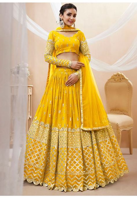 Sunny Yellow Embroidered Georgette Lehenga Choli Fancy Lehenga, Haldi Outfits, Georgette Material, Bridesmaid Lehenga, Georgette Lehenga, Lehenga Choli Wedding, Yellow Lehenga, Bollywood Lehenga, Lehenga Style