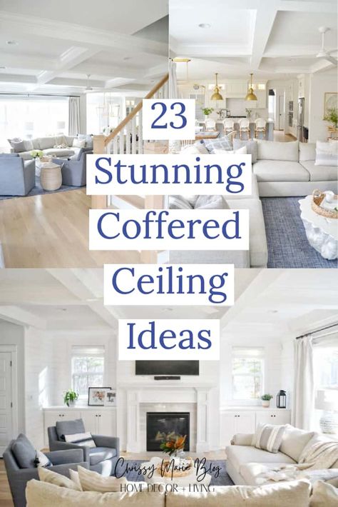 Ceilings do not have to be boring! Take a design to the next level with a coffered ceiling to add interest, drama and sophistication to a room. Coffered Ceiling Paint, Modern Coffered Ceiling, Coffered Ceiling Family Room, Coffered Ceiling Dining Room, Ceiling Ideas Living Room, Ceiling Beams Living Room, Coffered Ceiling Design, Beams Living Room, Types Of Ceilings