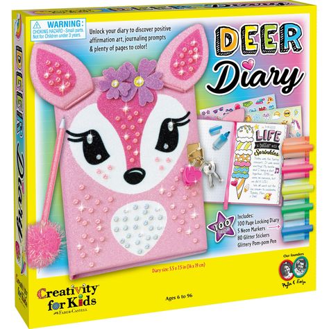 "Buy Creativity for Kids Deer Diary Kit at Michaels. com. Put your secrets and stories into a fuzzy diary with Creativity for Kids Deer Diary! This cute journal comes with 100 pages for you to fill with drawings and thoughts using colorful highlighters, stickers and glitter pom-pom pen! When you are done filling your diary prevent others from seeing your thoughts by locking it with a heart shaped lock and key! This super-sweet diary comes ready to decorate with pearl rhinestones, flowers, a ribbon bookmark and fun dimensional accents. Unlock your diary to discover positive aspiration art, writing prompts and plenty of “punny” pages to color in. No complicated calligraphy or journaling to worry about. Use the rainbow-array of highlighters and pom pom pen to color-in, doodle and design your Kawaii, Neon Markers, Fun Writing Prompts, Diary With Lock, Heart Journal, Kids Diary, Pink Pens, Artist Materials, Cute Journals