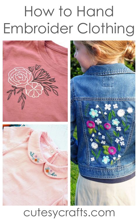 How to Embroider on Clothing by Hand - Cutesy Crafts Free Printable Embroidery Designs, Embroider Words On Clothes, How To Embroider Applique, Embroidery Applique By Hand, How To Embroider Sweatshirt, Embroidered Clothing Ideas, Embroidery Patterns For Clothes, Hand Embroidered Clothes Diy, Embroidering On Clothes