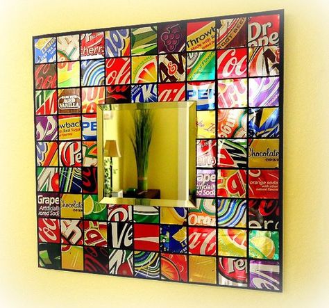 Mirror Recycled by Laura Trevey Soda Can Crafts, Soda Can Art, Mosaic Tile Mirror, Metal Mosaic, Recycle Art, Aluminum Can Crafts, Revere Pewter, Aluminum Cans, Pop Cans