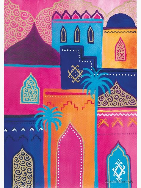 "Colorful Moroccan City" Poster by CarolinBentbib | Redbubble Arabic Design Pattern, Middle East Art Painting, Arabian Art Paintings, Morocon Art, Morocco Art Moroccan Design, Moroccan Mural, Moroccan Illustration, Arabic Art Design, Ramadan Painting