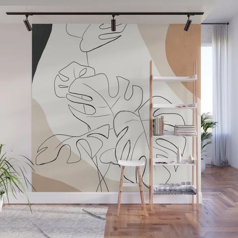 Minimal Abstract Art- Monstera 2 Wall Mural Monstera Wall Painting, Monstera Wall Art, Minimal Wall Painting, Balcony Wall Painting Ideas, Wall Paintings Ideas, Decoration For Wall, Hanging Leaf, Leaves Wall Mural, Minimal Wall Decor