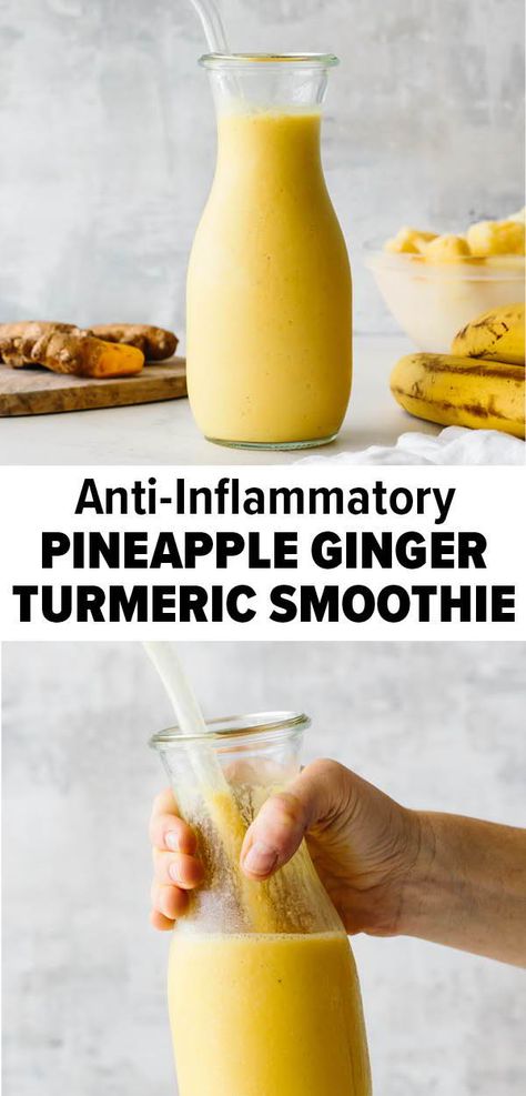 Pineapple Tumeric Smoothie Recipes, Smoothie With Ginger And Tumeric, Ginger Turmeric Recipes, Ginger Drink For Inflammation, Smoothie Recipe With Ginger, Healthy Good Smoothies Recipes, Fruit Infused Turmeric Tea, Ginger Shake Recipe, Recipes For A Healthy Gut