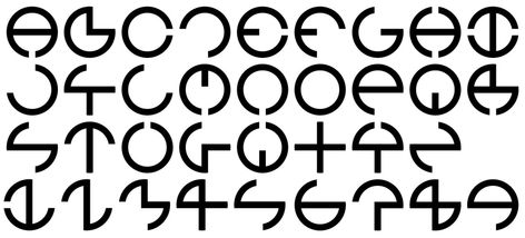 Font created using a circle and a cross. Each letter, A-Z, and the numbers 1-9 are shown above. Circle Graphic Design, Geocaching Ideas, Circle Graphic, Circle Font, Alphabet Symbols, Circle Logo Design, Corporate Image, Writing Systems, Circle Logos