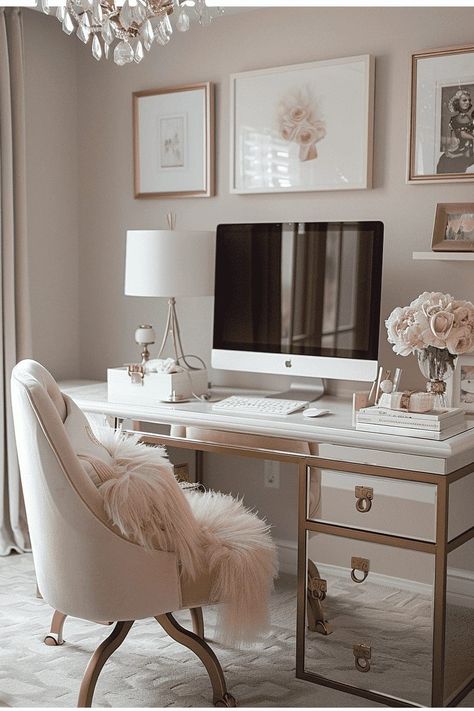 Glamour Home Office, Boho Glam Home Office, Fancy Desk Ideas, Boho Glam Office Decor, Work Desk Decor Ideas Office, Office Aesthetic Woman, Office Setup At Home, Girly Office Ideas, Creative Workspace Studio