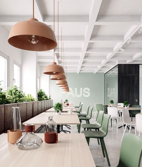 Green Office Decor, Interior Kantor, Modern Office Decor, Green Ideas, Green Office, Office Space Design, 카페 인테리어 디자인, Cafe Interior Design, Restaurant Interior Design