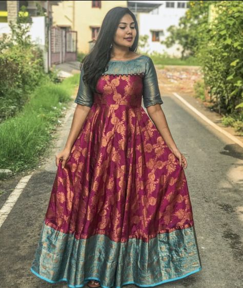 Chikenkari Dress Ideas Long Frock, Saree To Umbrella Kurti, Long Frock Designs With Pattu Sarees, Long Frock Latest Designs, Front Neck Design For Frock, Long Frock Stitching Ideas For Women, Frocks Neck Designs For Women, Frock From Saree Ideas, Saree Umbrella Dress