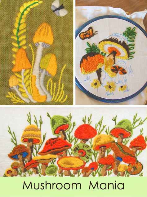Dottie’s Kraft Korner:: Vintage Crewel – Modern Kiddo Vintage Needlepoint Patterns, 1970s Embroidery, Mushroom Dyeing, Embroidery With Wool, Embroidery Mushrooms, 70s Embroidery, Cozy Crafts, 70s Cottagecore, Vintage Crewel Embroidery