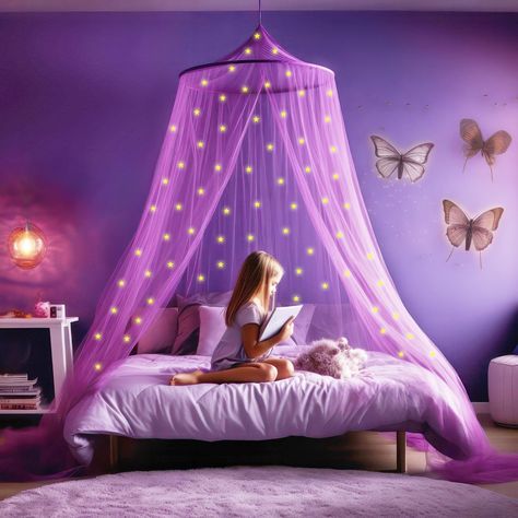 PRICES MAY VARY. Polyester GLOW IN THE DARK STARS! Light up your bedroom with our canopy bed curtains. Let unicorns absorb light, make room completely dark and enjoy the galaxy! PURPLE GIRLS ROOM DECOR! Our decorative canopies are designed with one overlapping opening for ease of entrance and provide a luxurious or cozy bedroom atmosphere. SETUP IN SECONDS! Free hanging kit included, hang the bed canopy in seconds with the adhesive ceiling hook. Our canopy size is 400 x 90 x 22 inch, weighs 0.9 Cute Purple Room Decor, Rooms For Girls Kids, Kids Purple Room, Girl Unicorn Bedroom Ideas, Girls Purple Bedroom, Girls Bedroom Purple, Kids Bedrooms Ideas, Preteen Girls Bedroom Ideas, Magical Bedroom Ideas