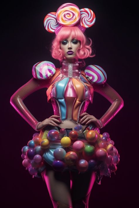 Sweet Costume Ideas, Candy Fantasy Land, Candy Fashion Design, Candyland Outfit Women, Candy Land Makeup Ideas, Candy Land Costumes Women, Candy Dress Costume, Candy Land Theme Outfits, Candy Theme Outfit