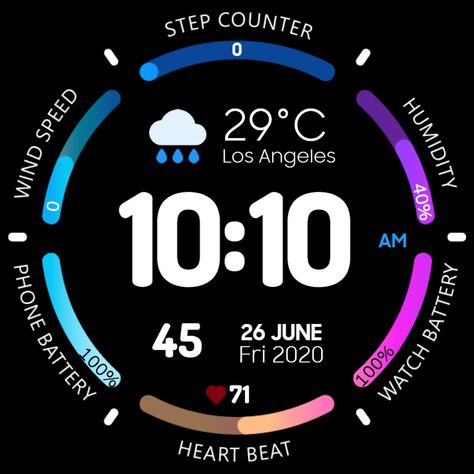 Flat watch face with progress bars,Weather icons,City name, Watch and Phone battery , date , steps count , heart beat, AM/PM Free Watch Faces, Best Watch Faces, Iphone Wallpaper Clock, Digital Watch Face, Custom Watch Faces, Digital Dashboard, Car Gauges, Android Design, Weather Data