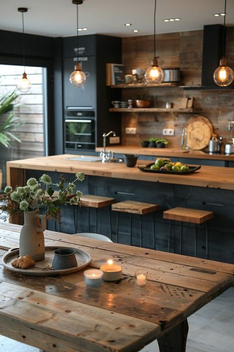 Wood And Black House Decor, Eating Island Kitchen, Minimalism House Design, Black And Birch Kitchen, Black Wood Kitchen Design, Kitchen Design Black And Wood, Black Green And Wood Kitchen, Black White And Light Wood Kitchen, Modern Wood And White Kitchen