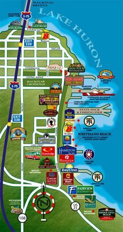 #puremichigan map of Mackinaw City--Michigan. Cool because it shows where the hotels are, ferry comes in etc. Mackinac City Michigan, Mackinaw City Michigan Things To Do, Grand Hotel Mackinac Island, Michigan Camping, Mackinaw Island, Mackinac Island Michigan, Michigan Adventures, Michigan Road Trip, Mackinaw City