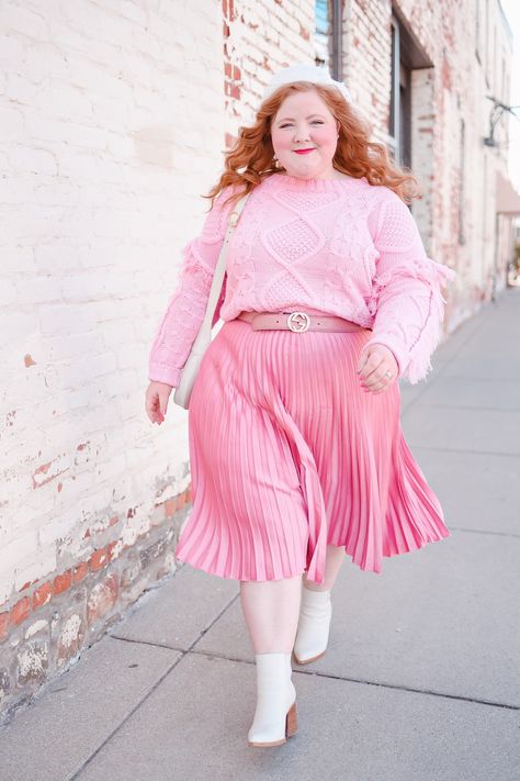 A Pretty in Pink Outfit for the Spring Transition - With Wonder and Whimsy Glam Pink Outfits, Plus Pink Outfits, Romantic Pink Outfit, Plus Size Unique Fashion, Pastel Pink Skirt Outfit, Feminine Style Plus Size, Cool Outfits Plus Size, Plus Size Princess Aesthetic, Pink Outfits Midsize