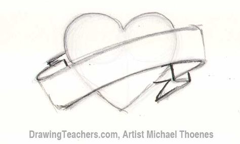 How to Draw a heart with banner Drawings Of Hearts, Heart With Banner, Draw A Heart, Heart Drawings, Banner Drawing, Easy Drawing Steps, Chicano Drawings, Heart Drawing, Cute Couple Drawings