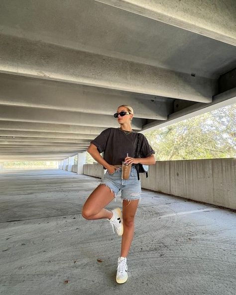 VANESSA FERRAIOLO on Instagram: "One thing about me…I’d rather wear jeans over shorts any day, but these aren’t too bad Top: @girl.dangerousla (linked on my LTK) Shorts: @agolde (linked on my LTK) Sneakers: @veja (Iinked on my LTK) Sunnies: @versace (linked on my LTK) Jewelry: @mirandafrye & @cuffedbynano (linked on my LTK)" White Shirt Jean Shorts Outfit, Denim Shorts And Tshirt Outfits, Comfy Short Outfits, Summer Sports Mom Outfit, Veja Sneakers Outfit Summer, Jean Shorts And Sneakers Outfit, How To Style Tshirt, Outfit Short Jean, Banff Outfits