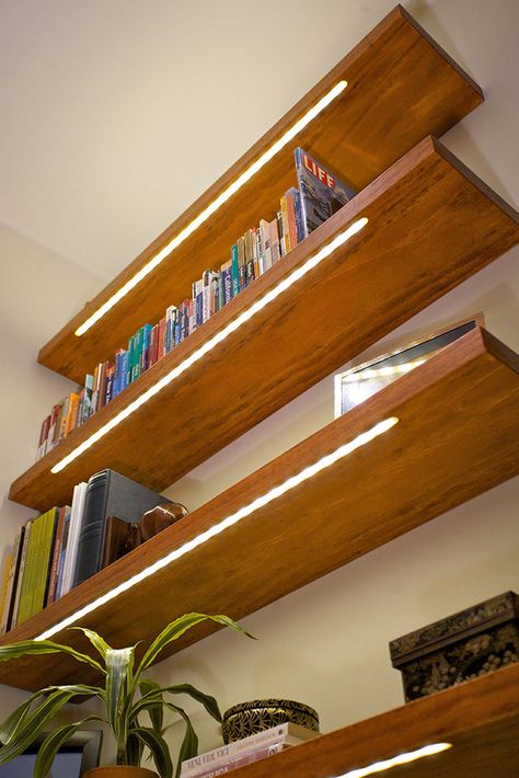 Led shelf lighting Led Shelf Lighting Living Room, Led Wall Shelf, Floating Shelf Lights, Bookshelf Led Lighting, Led Bookshelf Lighting, Lighting Under Floating Shelves, Kitchen Shelf Lighting Ideas, Diy Shelf Lighting, Pantry Shelf Lighting