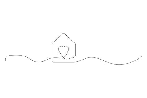 Vector continuous one line drawing heart... | Premium Vector #Freepik #vector #love-home #continuous-line #line-illustration #house-line Two Hearts In One Home Tattoo, One Line House Drawing, Home Tatoos Ideas, House Line Art Drawing, Simple Home Tattoo, Home Heart Tattoo, House Line Illustration, House Tattoo Minimalist, One Line Drawing Heart