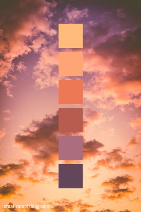 Color palette inspired by a a deep orange and purple sunset and clouds. Fluffy clouds and calming, bright sky. Interior design, graphic design, and more can find inspiration and color ideas from this sunset color palette. Yellow, Gold, Orange, Peach, Rust, Purple, Lavender color palette idea. Orange And Purple Sunset, Lavender Color Palette, Sunset Color Palette, Minimalist Dekor, Orange Palette, Sunset Color, Palette Design, Purple Sunset, Color Schemes Colour Palettes