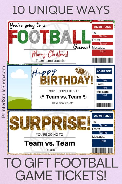 How to gift football game tickets! A list of 10 creative ideas for how to surprise someone with football game tickets for their birthday, Christmas, or any other occasion! Use our football game ticket template to help with your surprise! Nba Tickets Surprise Ideas, Nfl Tickets Surprise Ideas, Football Ticket Gift Surprise, Football Game Gift, Soccer Tickets, Nba Tickets, Game Ticket, Football Books, Basketball Tickets