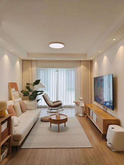 Modern Muji Living Room, Minimalist Living Room Small Tiny Homes, Japandi Interiors Living Room Small, Condominium Interior Design Small, Mini Kitchen Living Room, Tiny Condo Interior Design, Japandi Small Living Room, Mezzanine Living Room, Contemporary Minimalist Living Room