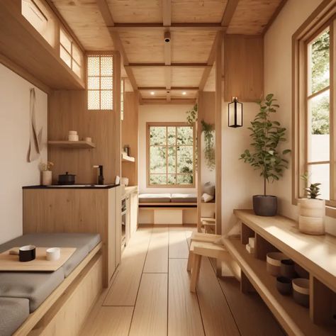 Japandi meets tiny house: the perfect match! Tiny Space Kitchen, Functional Tiny House, Japanese Interior Apartment, Tiny Interior Design, Camping Interior Design, Japandi Tiny Apartment, Japandi Small House, Japandi Tiny House, Japanese House Interior Modern