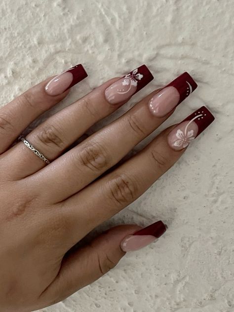 :#fashion#style#outfitinspiration#beauty Square Nail Designs Burgundy, Nails Design Latina, Red Fall Nails Square, Red Nails Ideas Aesthetic, Acrylic Nails Inspo Square, Long Hibiscus Nails, Acrylic Nail Designs Coffin Red, Deep Red Nails With Design, Sweet 16 Nails Acrylic Red