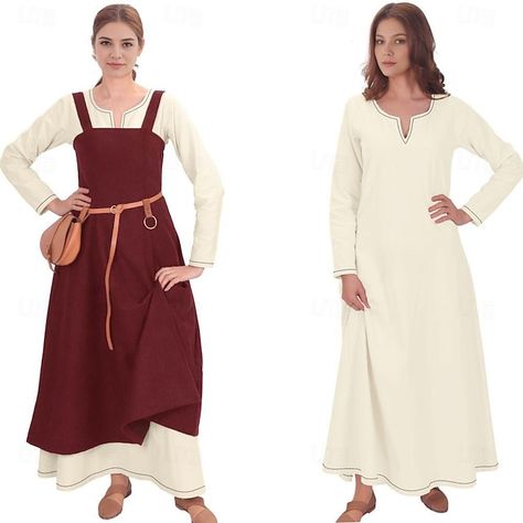 Women's Medieval Viking Apron Overdress with Laced Back Tunic Dress Set 2 PCS Outfits for LARP Ren Faire Renaissance Fair Party Carnival Halloween Dress Ren Faire Overdress, Gnome Costumes For Adults, Mantua Dress, Viking Clothing Women, Tunic Medieval, Medieval Costume Women, Viking Apron, Medieval Fantasy Clothing, Elven Woman