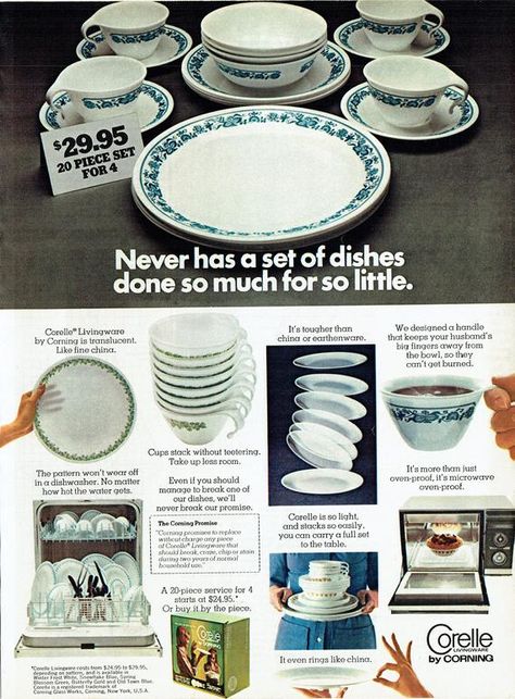 1974 Advertisement for Corelle Livingware Old Town Blue 20 Piece Set by Corning 70's Kitchen Collect Corelle Patterns, Corelle Dishes, Pyrex Butterfly Gold, Corelle Dinnerware, Corning Glass, Vintage Dishware, Family Circle, Butterfly Gold, Blue Spring