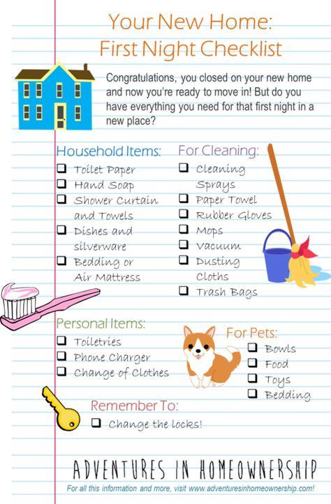 Adventures In Homeownership--first night in a new home checklist by Elizabeth Gillette More Organisation, First Night New House, First Night In New Home Checklist, First Night In New Home, Night Checklist, Moving List, House Shopping List, Moving House Tips, Home Checklist
