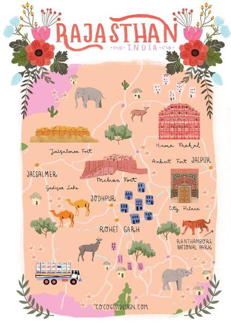 Places To Travel In Rajasthan, India Travel Journal Ideas, Rajasthan Map Illustration, Rajasthan Doodle, India Illustration Doodles, Rajasthan Poster, India Map Illustration, Map Of Rajasthan, Rajasthan Illustration