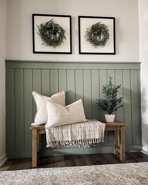 Beige Wall With Accent Wall, Accent Walls Half Wall, Green And Black Mudroom, Green Shiplap Accent Wall Bedroom, Vertical Shiplap Board And Batten, Above Board And Batten Decor, Painted Shiplap Half Wall, Half Accent Wall Ideas, Vertical Shiplap Half Wall Living Room
