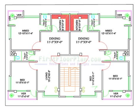 Two Units Village House Plan | 50 X 40 | 4 Bedrooms - First Floor Plan Two Flats House Plans, 2 Unit House Plans, 50 50 House Plans, 40×50 House Plans, 2bhk Apartment Floor Plans, 50x40 House Plans, Double House Plans, 2bhk Flat Plan, 40 X 40 House Plans