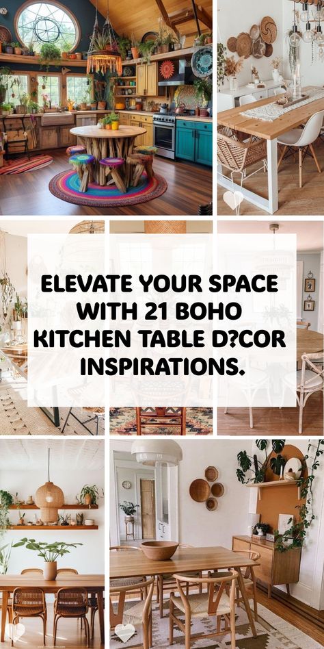 Elevate your dining experience with our roundup of 21 stunning boho kitchen table settings! Whether you`re hosting a dinner party or enjoying a quiet meal at home, infuse your space with style and personality. Embrace the beauty of Indian decor with intricate patterns and rich colors, or keep it sleek and modern with minimalist white accents. With plenty of inspiration to choose from, creating the perfect ambiance has never been easier. Contemporary Boho Kitchen, Boho Kitchen Table Centerpiece, Boho Farmhouse Kitchen Ideas, Boho Apartment Kitchen, Colorful Boho Kitchen, Bohemian Kitchen Ideas, Boho Chic Kitchen Decor, Boho Kitchen Table, Eclectic Light Fixtures