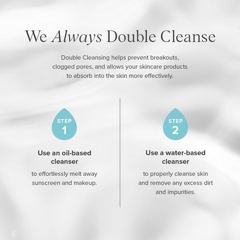 Double-cleansing is 50% of your whole skin regimen!!!! 🧽    Double-cleansing your skin at the end of the day is essential for overall skin health.    Here’s WHY:    Double-cleansing is one of the best things you can do for your skin! The first cleanse removes all makeup, dirt, sunscreen, and excess oils. The second cleanse is like insurance for your first cleanse to make sure everything is off the face.     The second cleanse actually targets your skin concerns and skin type! Skin Care Products, What Is Double Cleansing, Double Cleansing Products, Skin Regimen, Double Cleansing, Make Me Up, Skin Concern, Skin Type, Skin Health