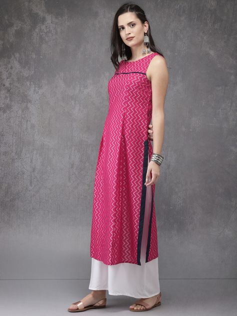 Anouk Women Pink Printed Straight Kurta - | 1049 Kurta Sleeveless, Sleeveless Kurti, Kurtis For Women, Kurti Designs Latest, A Line Kurta, Cotton Kurti Designs, Straight Kurta, Ethnic Dress, Women Pink