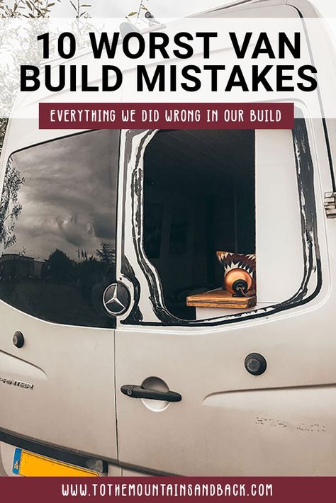 Back window missing from our van with the words 10 worst van build mistakes as an overlay. Van Conversion Interior With Bathroom, No Build Van Conversion, Van Conversion Plans, Omgebouwde Bus, Diy Van Camper, Sprinter Van Camper, Self Build Campervan, Van Conversion Layout, Diy Van Conversions
