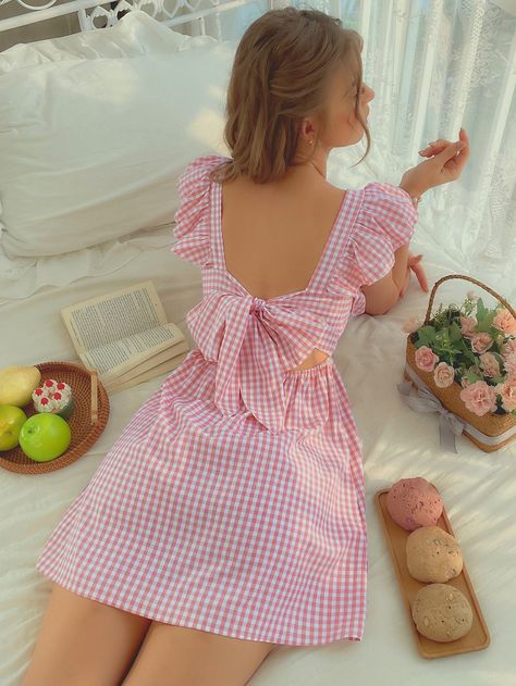 SHEIN VCAY Gingham Print Square Neck Butterfly Sleeve Tie Backless Dress | SHEIN Pink Gingham Dress, Butterfly Sleeve Dress, Dresses By Pattern, Radiate Confidence, Comfy Jumpsuits, Print Butterfly, Modest Dresses Casual, Jumpsuit Elegant, Butterfly Sleeve