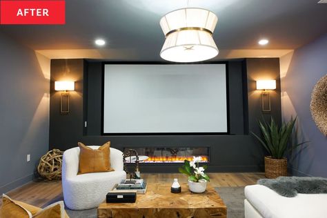 Projector Screen With Fireplace, Basement With Projection Screen, Projection Screen Wall Design, Projector Family Room, Electric Fireplace Under Projector Screen, Basement Ideas Projector, Home Game Room Design, Projector Basement Ideas, Basement With Projector