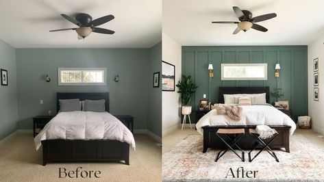 Master Green Bedroom Ideas, Wall Painting Ideas Master Bedrooms, Green Wall Master Bedrooms Decor, Real Accent Wall, Deep Green Master Bed, Master Bedrooms With Wall Sconces, Dark Accent Wall Bedroom With Window, Rustic Wall Trim, Natural Eclectic Bedroom