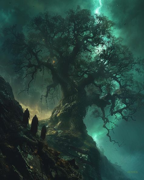 #grim #landscape #fantasy #dungeonsanddragons #aiart #digitalart | Instagram Doodle Anime, Watercolor Doodle, Grim Dark, Love Watercolor, Fantasy Tree, Sacred Tree, Gothic Fantasy Art, The Lost World, Arte Obscura