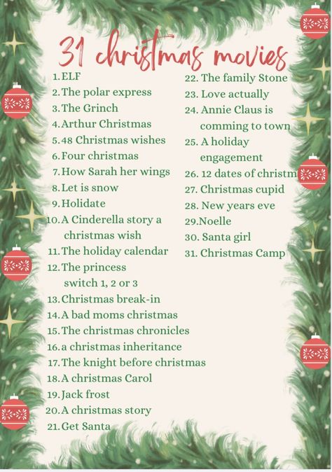 Christmas
December 
Xmas
Happy christmas
Movies
Películas
Navidad 31 Christmas Movies, December Movie Challenge, Movies To Watch Everyday Of December, Crismas Movies, 31 Days Of Christmas Movies, Christmas Movies To Watch List, Christmas Movie Calendar, Winter Tv Shows, Movies To Watch In Winter