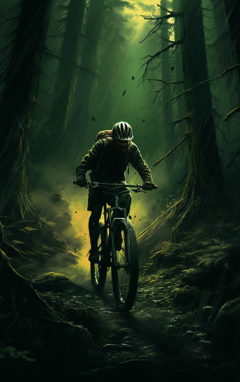 Get ready to feel the adrenaline rush with our exhilarating wallpaper art piece showcasing a mountain bike rider soaring through a lush forest. Mountain Bike Wallpaper, Biking Photos, Dark Greenery, Bike Logos Design, Mountain Biking Photography, Adrenaline Sports, Montain Bike, Gtr Skyline, Mountain Bike Art