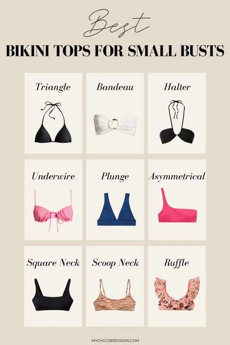 Wondering what the best bikini tops for small busts are? This guide will provide recommendations that will have you feeling your best! Necklines For Flat Chest, Different Swimsuit Types, Bathing Suit For Flat Chested Women, Cute Covering Bikinis, Types Of Bikinis Style, Swimwear For Flat Chested Women, Swimsuits For Flat Chested Women, Best Bathing Suits For Small Bust, Swimwear For Small Breast