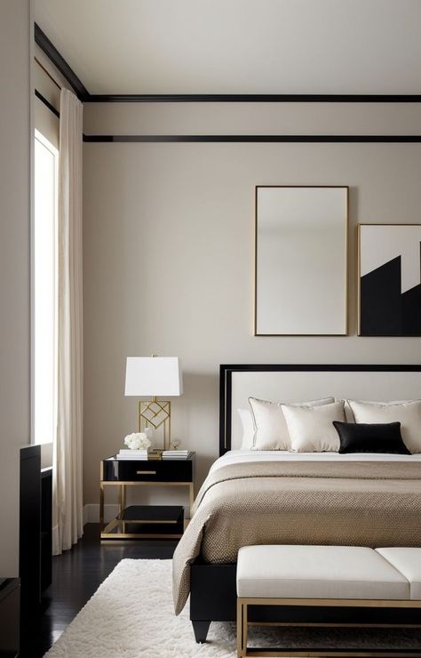 Black Bed In White Room, White And Black Bedroom Furniture, Black Beige And White Aesthetic, Black Beige Gold Aesthetic, Black Bed Interior, Bedroom Ideas Black Bedding, Cream Bed Black Furniture, Bedroom With Black And Gold Accents, White Black Room Bedroom