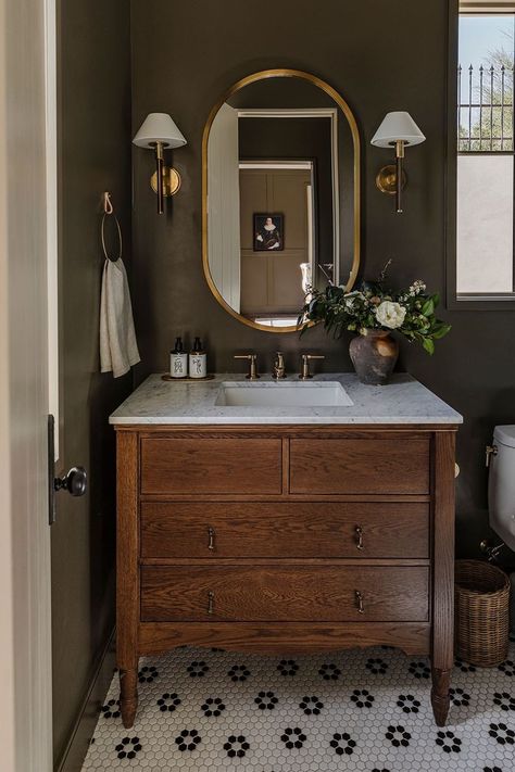 Top 5 Tips for Designing a Perfect Powder Room - Nikki's Plate Vintage Bathroom Makeover, Vintage Bathroom Inspiration, Vintage Powder Room, Guest Bathroom Makeover, Vintage Bathroom Remodel, Half Bath Decor, Moody Bathroom, Modern Vintage Bathroom, Black Tile Bathrooms