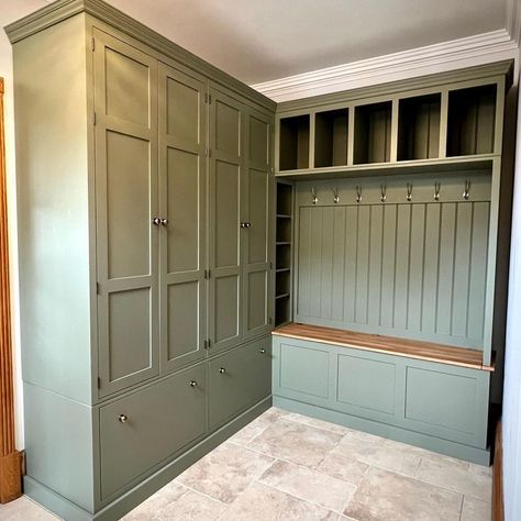 Ely Farmhouse Furniture Co on Instagram: “Bespoke boot room for a client ✨ Paint colour: Treron by @farrowandball Internal hanging rails for coats and extra large storage drawers.…” Ely, Boot Room Bench, Long Storage Bench, Boot Room Storage, Oak Bench Seat, Boot Room Utility, Media Storage Unit, Long Storage, Room Bench